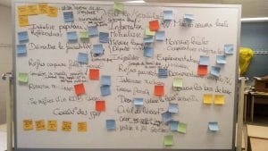 Tableaux de post-it sur des pistes d'action pour le revenu de base pendant l'assemblée de convergence de l'utopie réaliste à la politique publique.